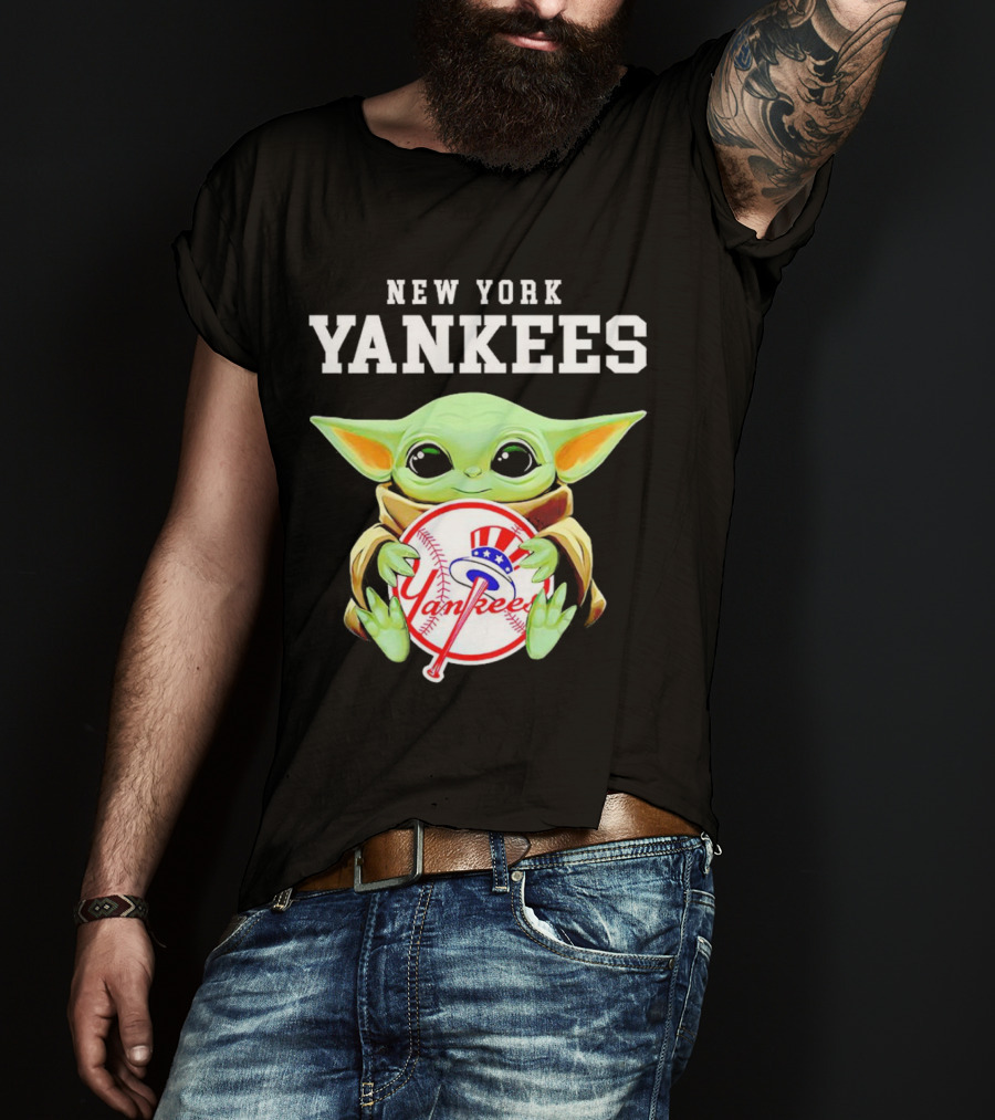 New York Yankees Baby Yoda Holding Team Baseball Emblem T-Shirt