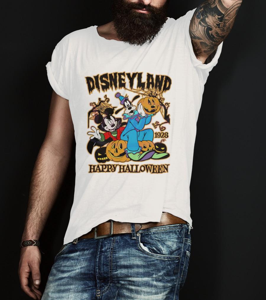 Disneyland Happy Halloween 1928 Mickey Goofy Pumpkins T-Shirt