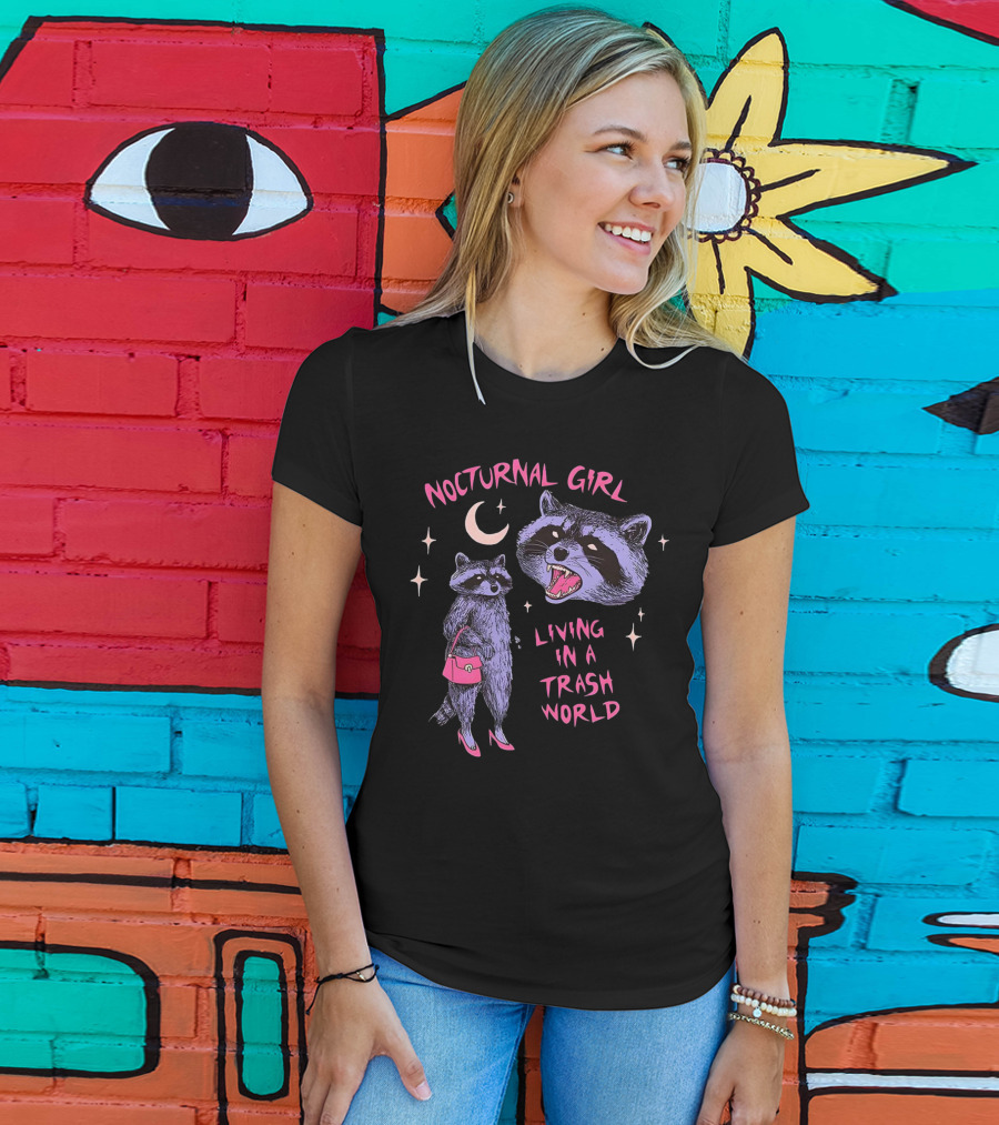 Nocturnal Girl Raccoon Living In A Trash World Under Moon And Stars T-Shirt