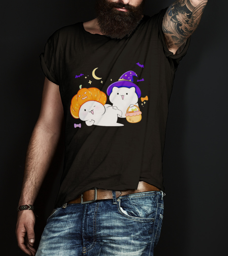 Bongo Cat Meme Halloween Pumpkin Witch Hat Moon Stars Bats T-Shirt