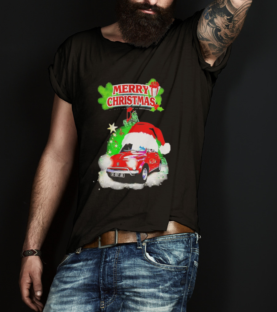 Merry Christmas Red Fiat 500 With Santa Hat And Green Background T-Shirt