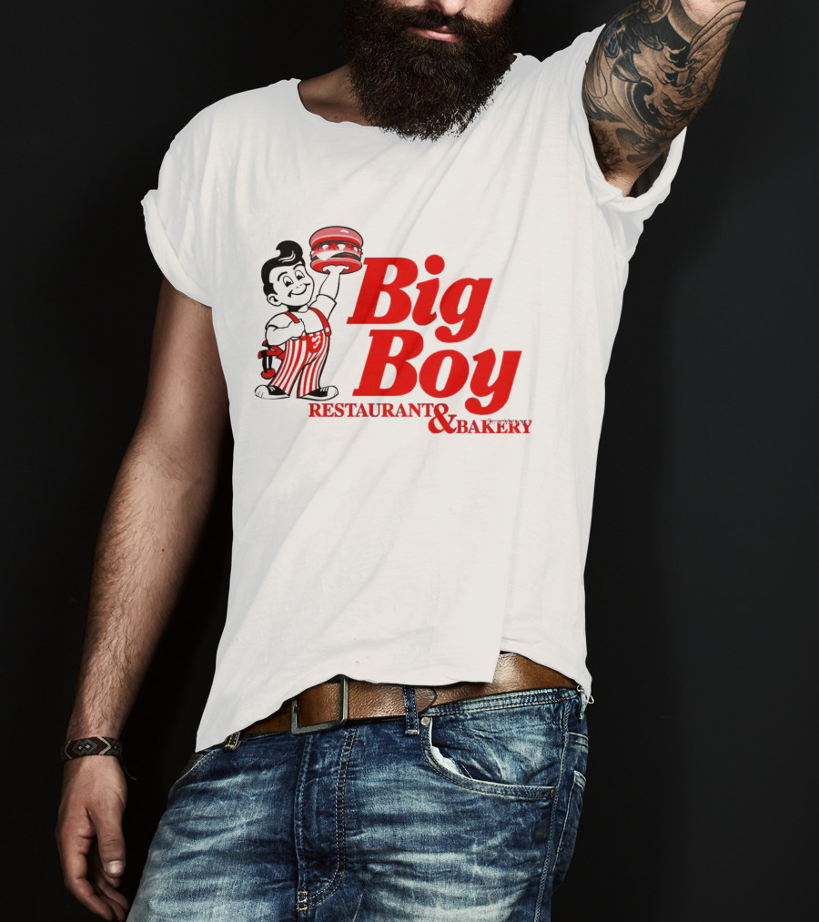 Big Boy Restaurant And Bakery Logo - Iconic Red Text With Burger Mascot T-Shirt