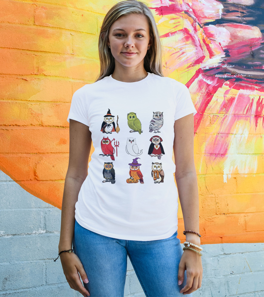 Cute Owls Halloween Witch Mummy Devil Skeleton Vampire Pumpkin Scarf T-Shirt