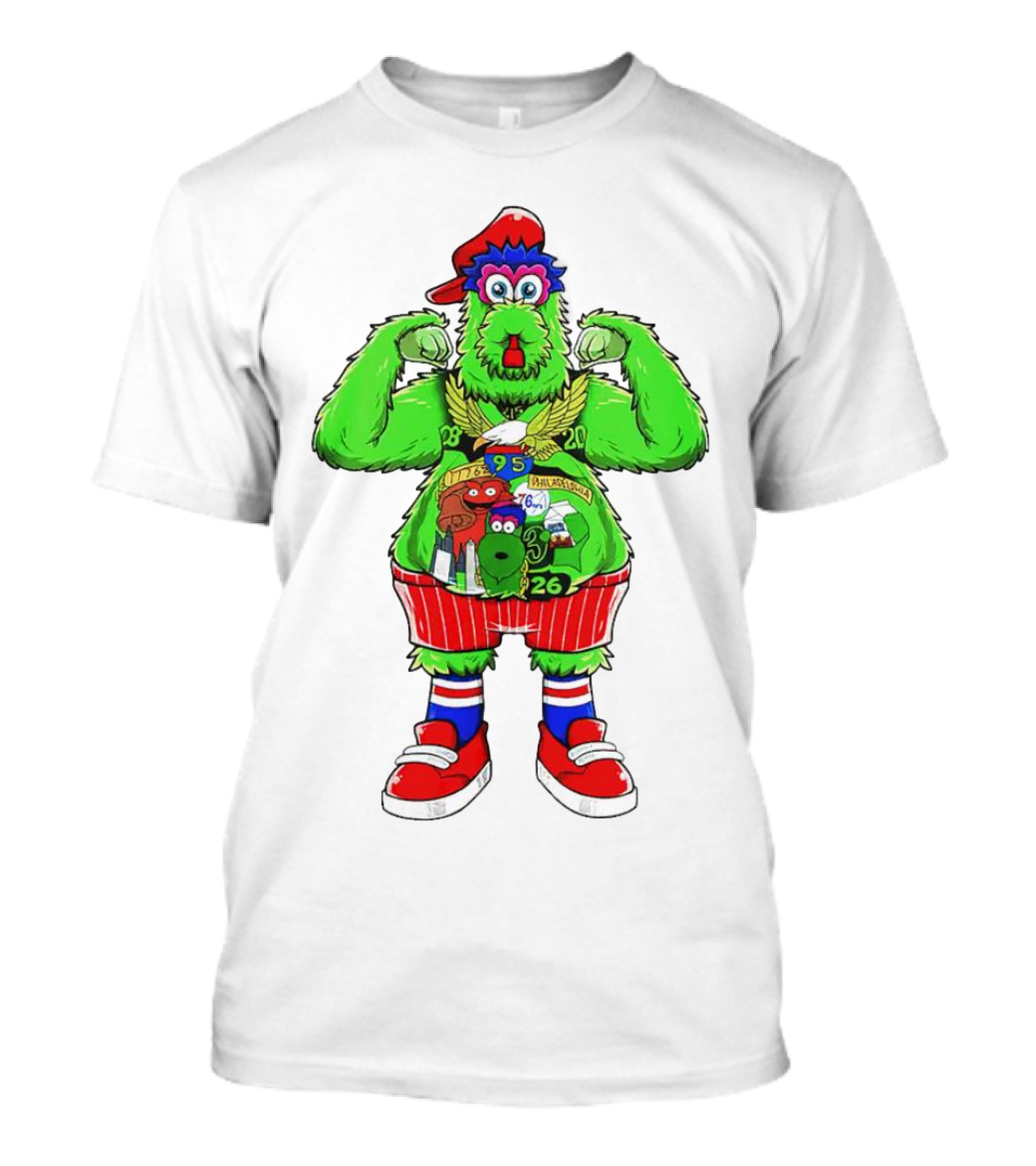 Philly Phanatic Mascots Sporting Red Cap And Sneakers With 1980 2008 1985 1995 2008 Numbers T-Shirt