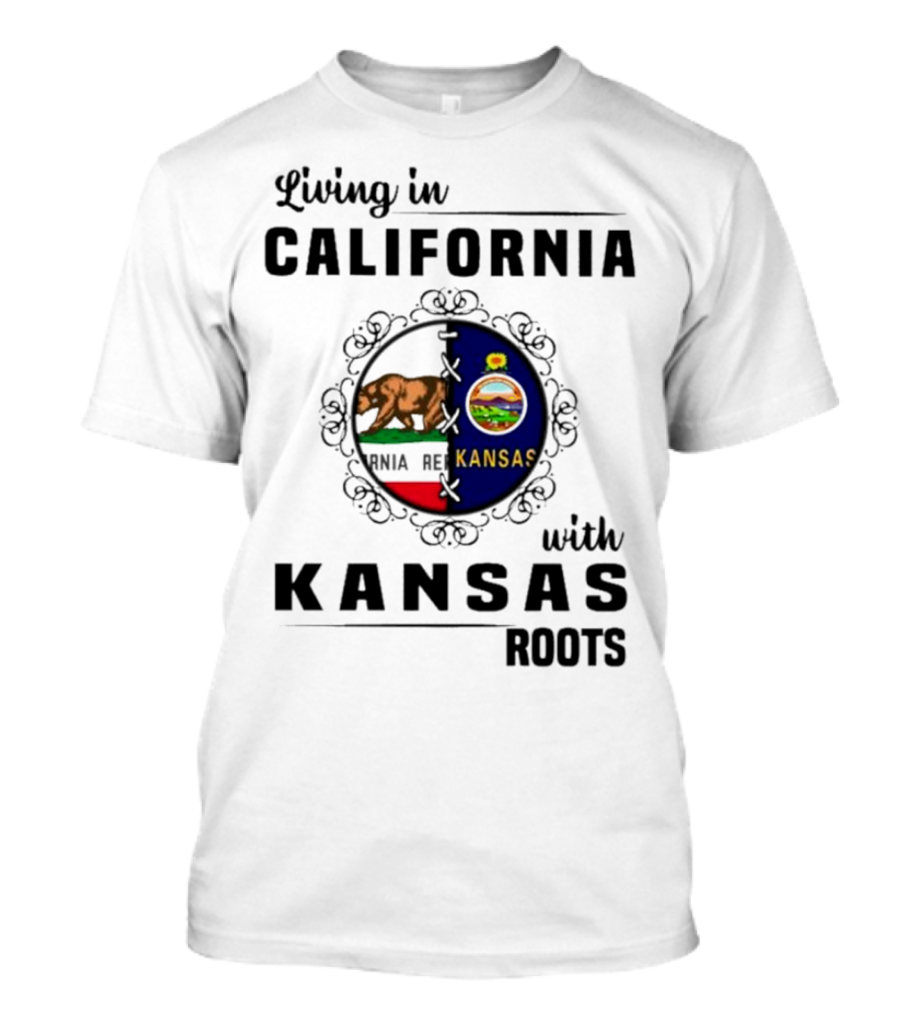 Living In California With Kansas Roots Bear And Sunflower State Flags T-Shirt