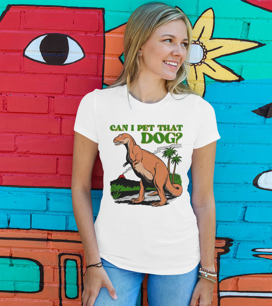 Can I Pet That Dog Dinosaur Volcano And Palm Trees T-Shirt