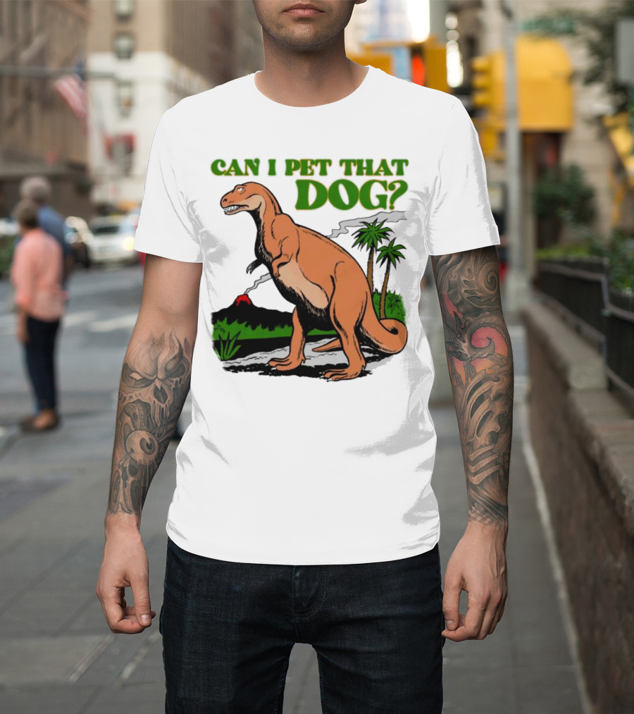 Can I Pet That Dog Dinosaur Volcano And Palm Trees T-Shirt