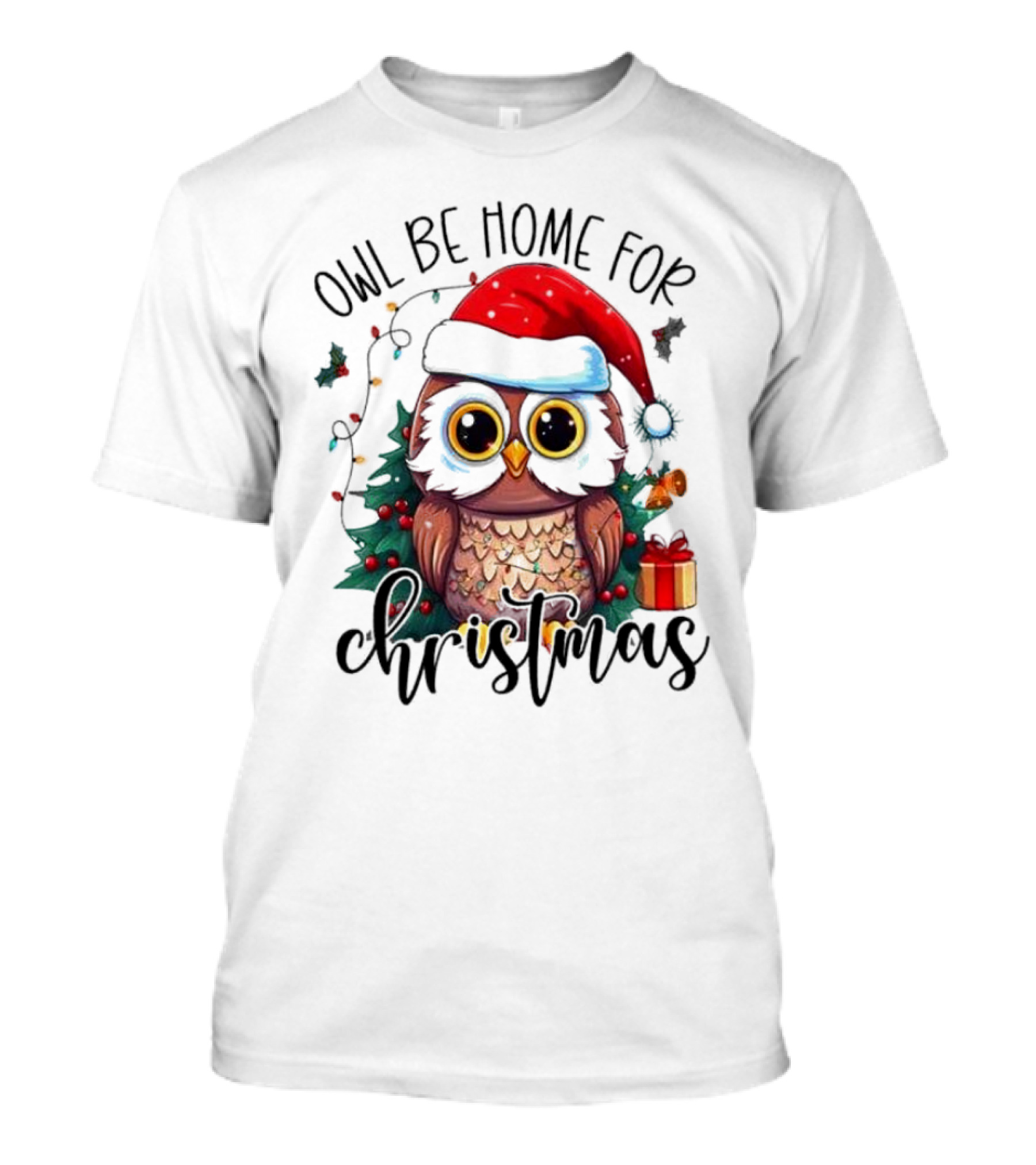 Owl Be Home For Christmas Santa Hat Owl Festive Lights Gift Box T-Shirt