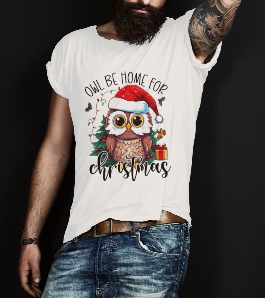 Owl Be Home For Christmas Santa Hat Owl Festive Lights Gift Box T-Shirt