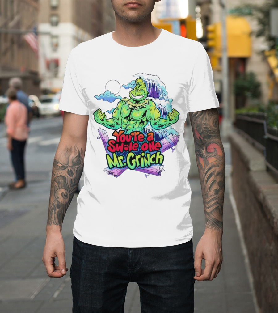 You’re a Swole One Mr Grinch Fitness Muskula Green Character with Frosted Mountain Background T-Shirt
