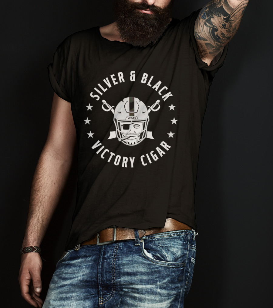 Silver And Black Vegas Victory Cigar Raiders Helmet T-Shirt