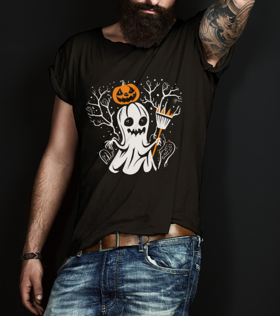 Pumpkin King Halloween Ghost With Broomstick T-Shirt