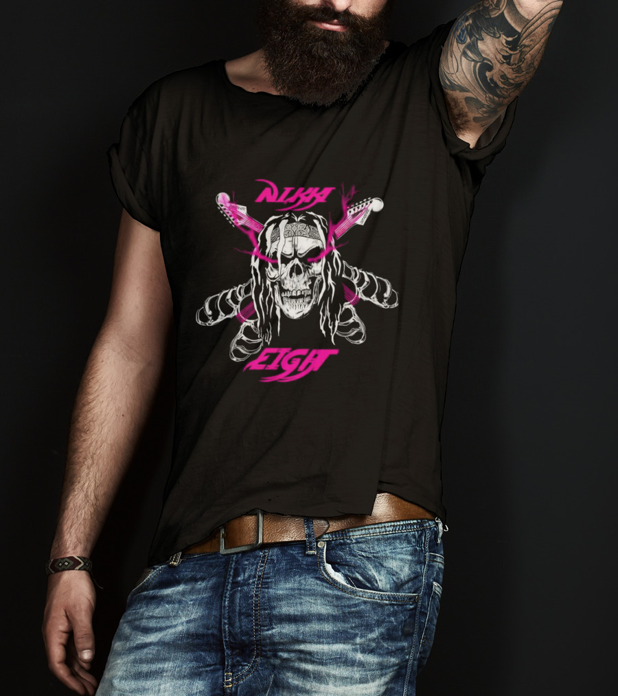 Nikki Eight Eight Skull Crossbones Guitars Pink Bandana T-Shirt