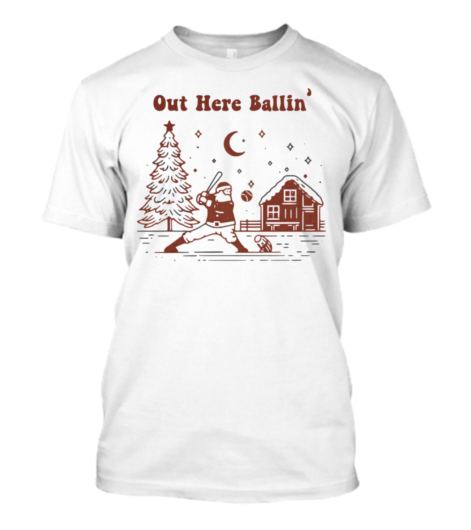 Out Here Ballin' Santa Playing Baseball Christmas Scene T-Shirt
