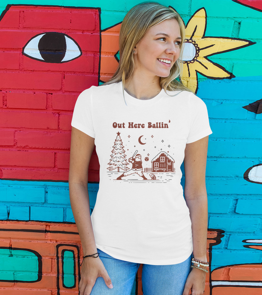 Out Here Ballin' Santa Playing Baseball Christmas Scene T-Shirt