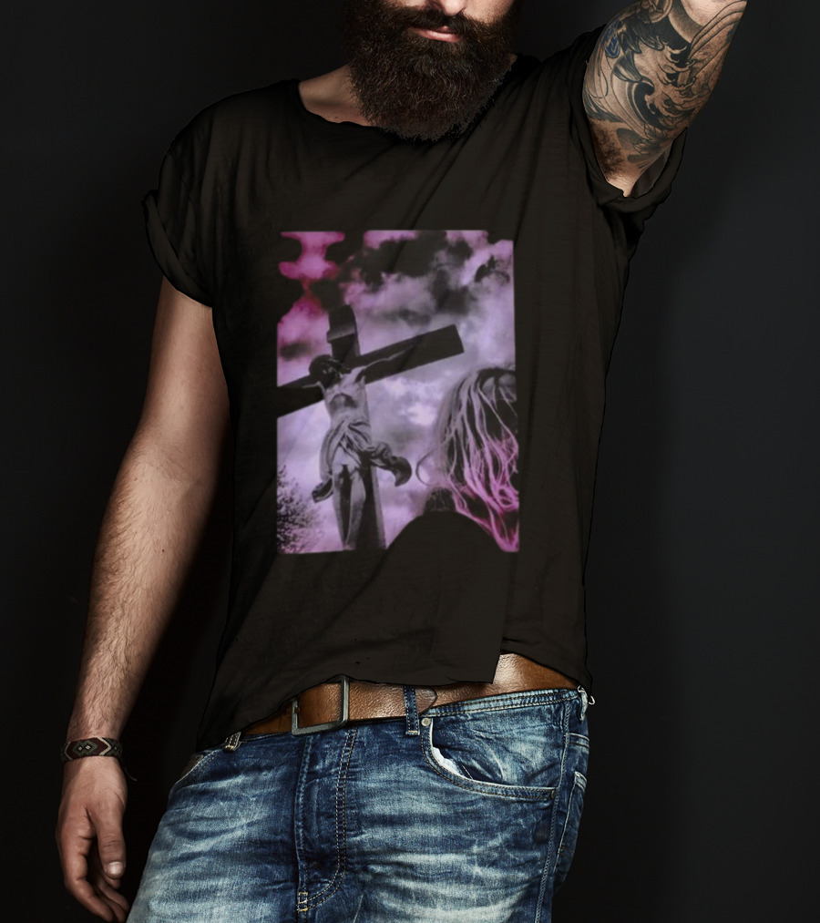 Zakk Wylde Jesus Crucifixion Image With Dark Sky And Blonde Hair Motif T-Shirt