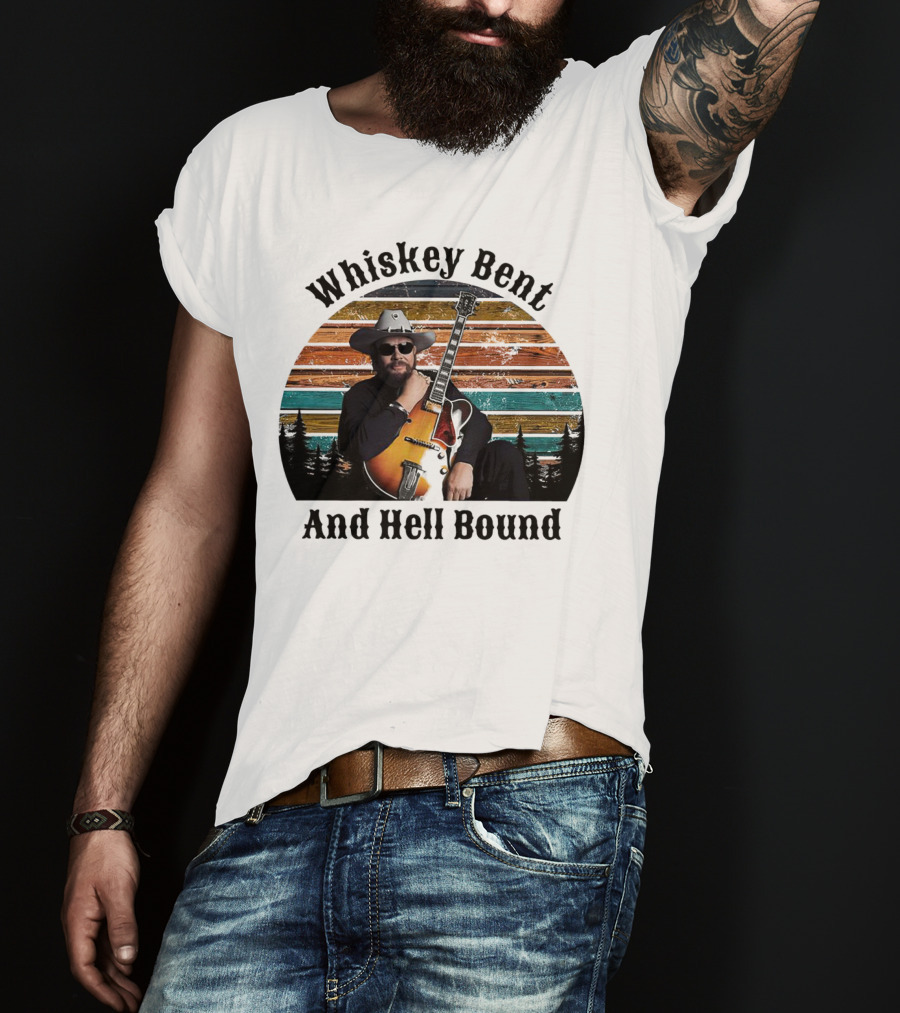 Whiskey Bent And Hell Bound Cowboy With Guitar Retro Sunset T-Shirt