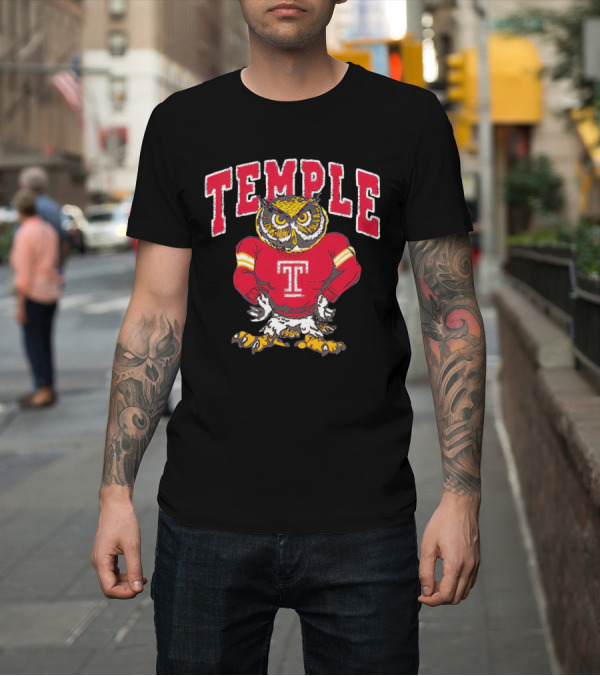 Shirt: Temple Owls Football Mascot in Red Jersey with Bold Temple Text T-Shirt Temple Owls Football Mascot in Red Jersey with Bold Temple Text T-Shirt