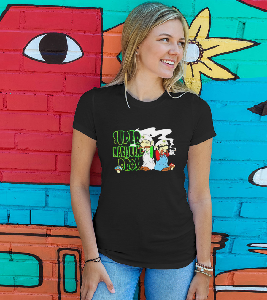 Super Marijuana Bros Weed Parody With Smoking Characters And Mushrooms T-Shirt
