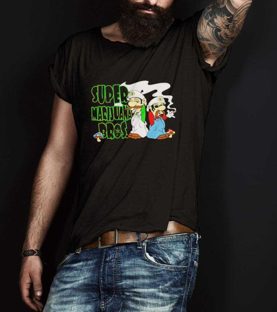 Super Marijuana Bros Weed Parody With Smoking Characters And Mushrooms T-Shirt