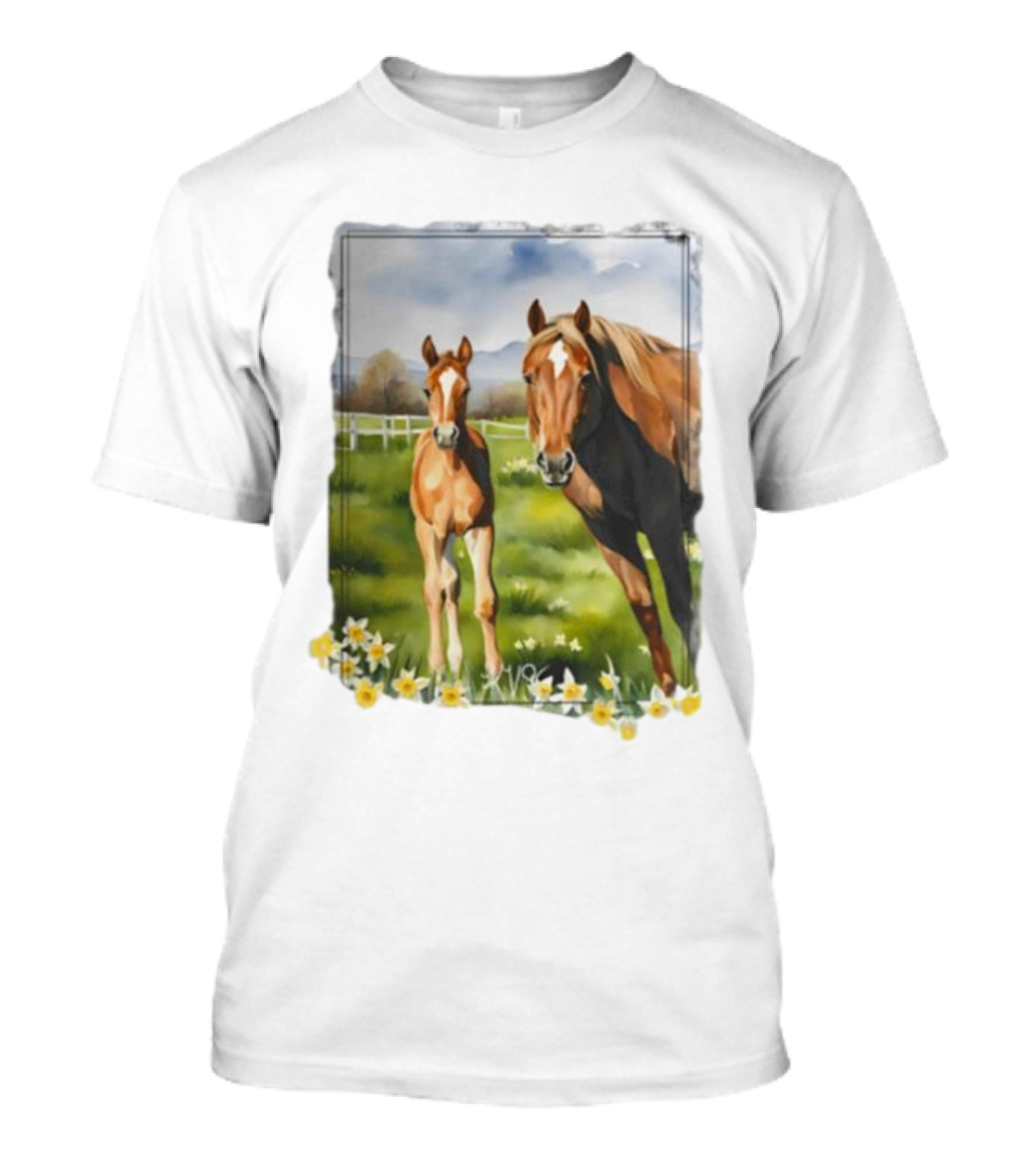 Ginger And Freddie Horses In Scenic Pasture With Daffodils T-Shirt