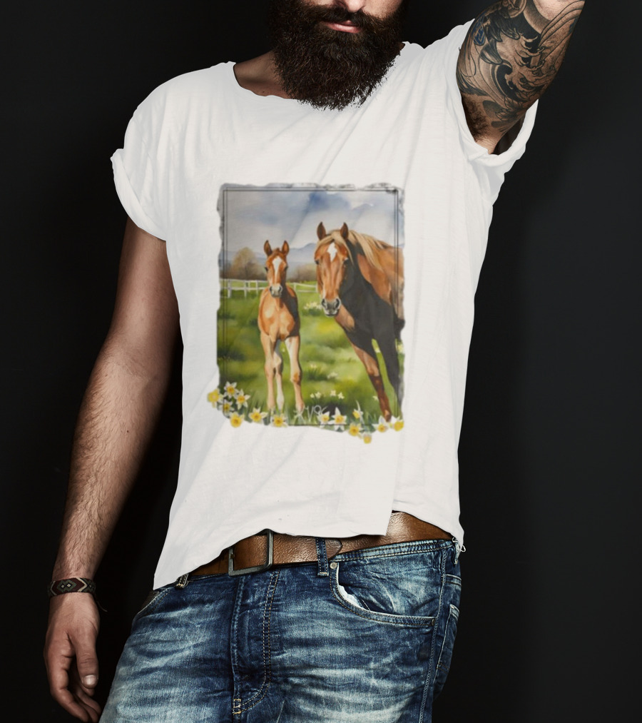 Ginger And Freddie Horses In Scenic Pasture With Daffodils T-Shirt