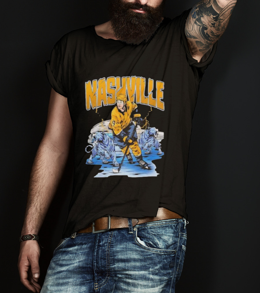 Nashville Predators Filip Forsberg Hockey Number 9 Action With Ice Background And Predators Lions T-Shirt