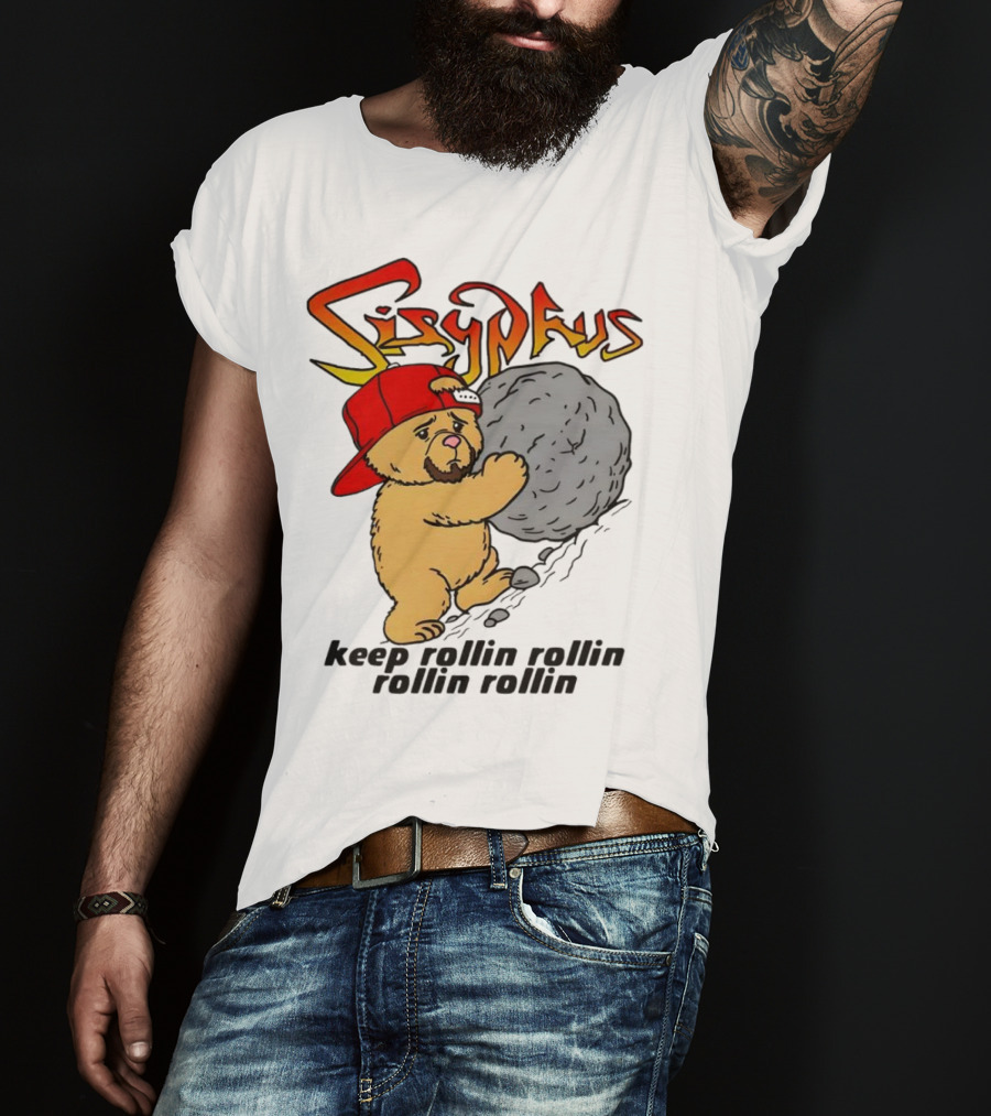 Sisyphus Keep Rollin Rollin Rollin Rollin Bear With Boulder Red Cap T-Shirt