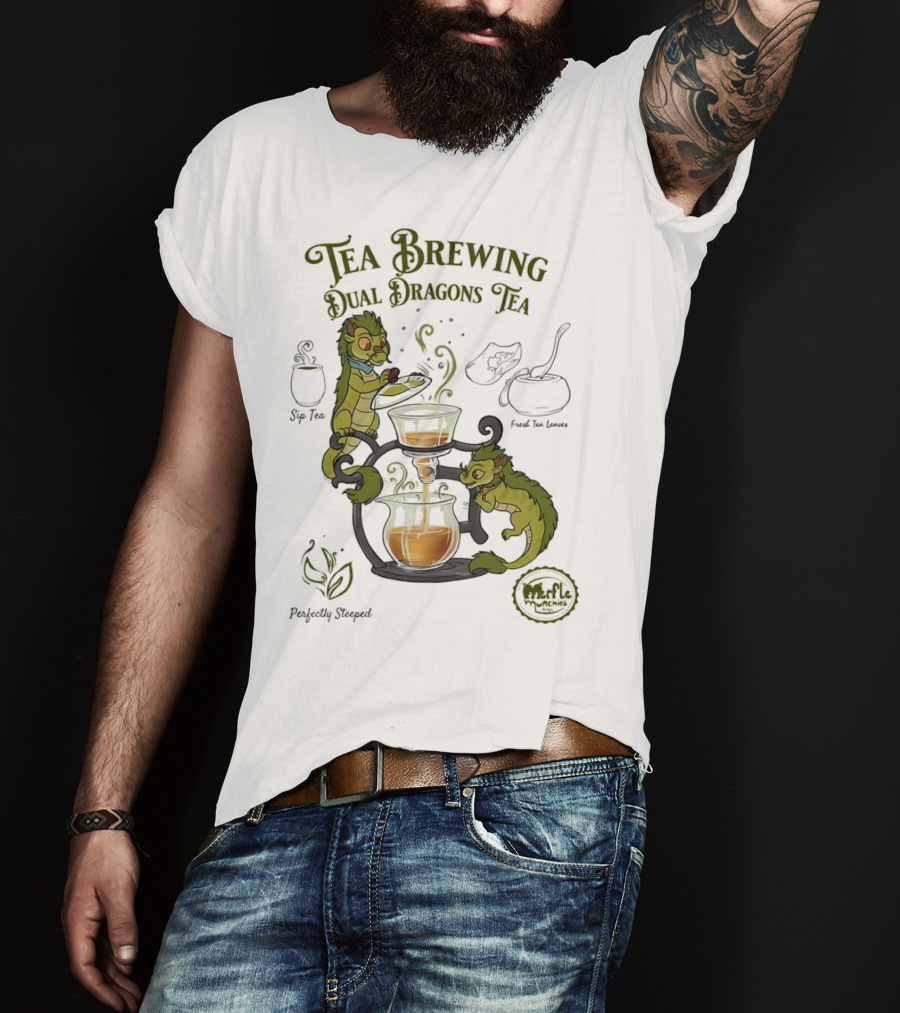 Tea Brewing Dual Dragons Sip Tea Perfectly Steeped Leaf And Kettle T-Shirt