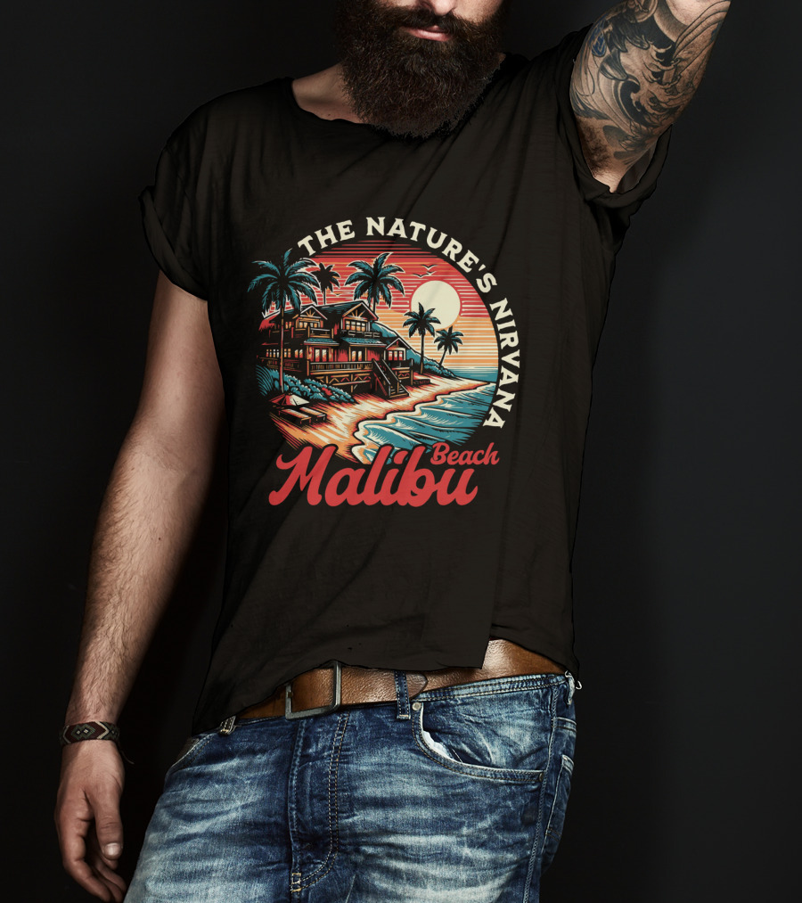The Nature's Nirvana Malibu Beach Retro Sunset Scene T-Shirt