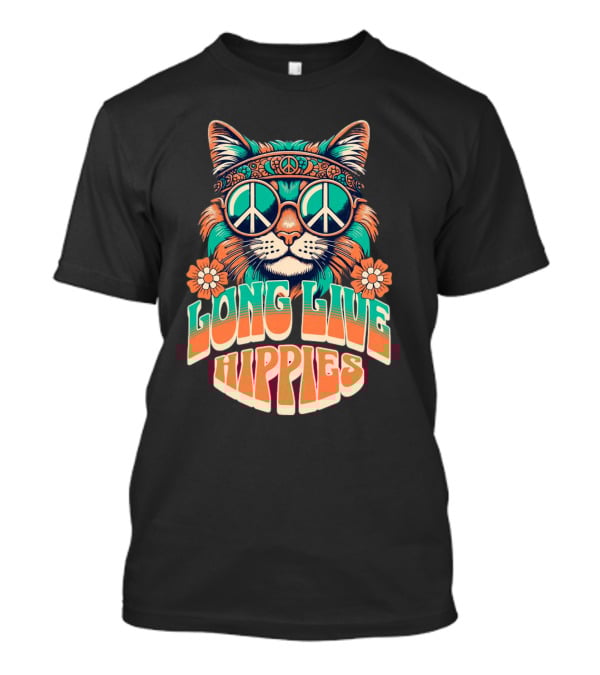 Long Live Hippies Cat With Peace Sign Glasses And Flowers T-Shirt