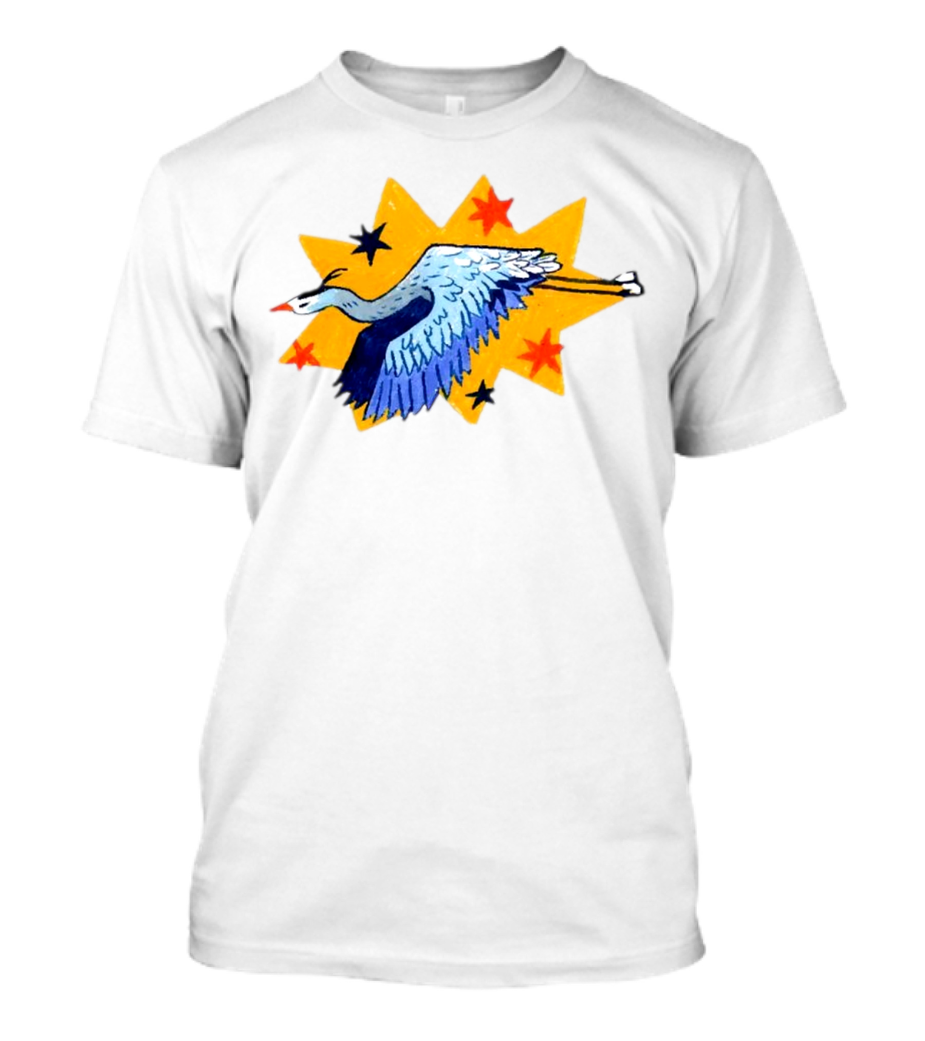 Grey Heron Flying Against Starry Yellow Burst T-Shirt