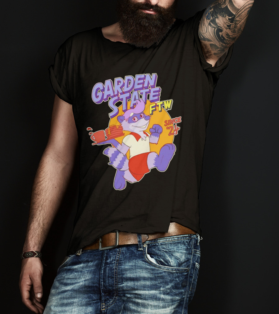 Garden State FTW Since 24 Cartoon Raccoon Serving Pancakes T-Shirt