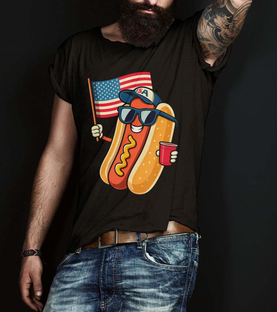 Fourth Of July USA Hotdog With American Flag And Sunglasses T-Shirt