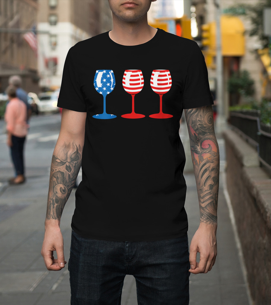 American Flag Fourth Of July Wine Glass Trio Stars And Stripes Patriotic T-Shirt