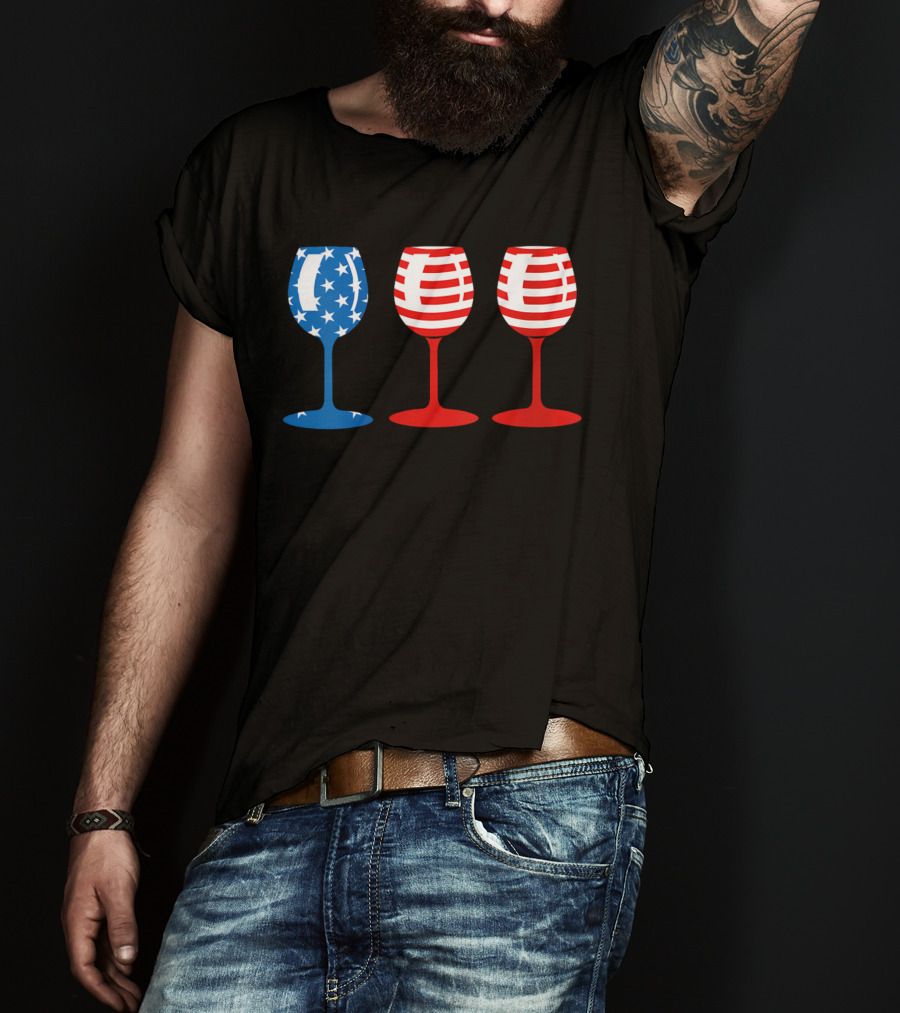 American Flag Fourth Of July Wine Glass Trio Stars And Stripes Patriotic T-Shirt