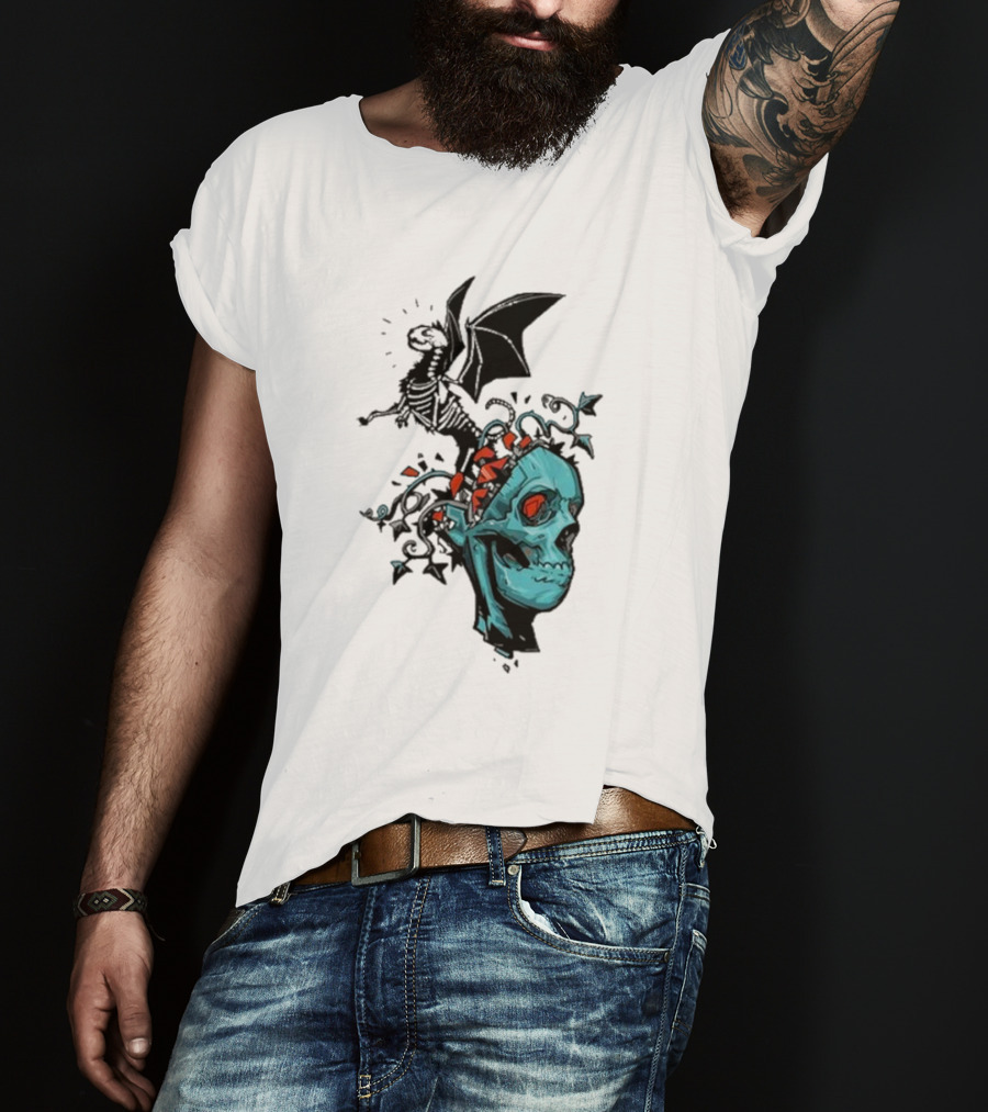 Scott Buoncristiano Skeleton Head With Dragon And Red Accents T-Shirt