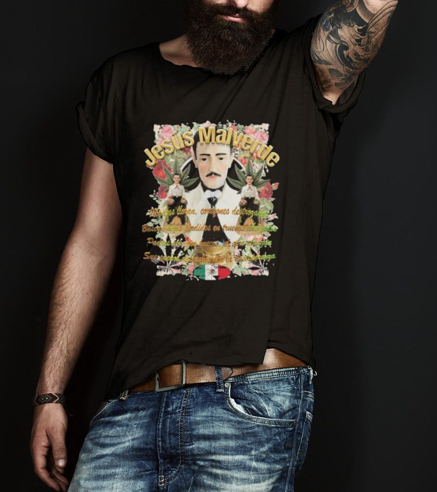 Jesús Malverde Iconic Figure With Flowers And Mexican Flag T-Shirt