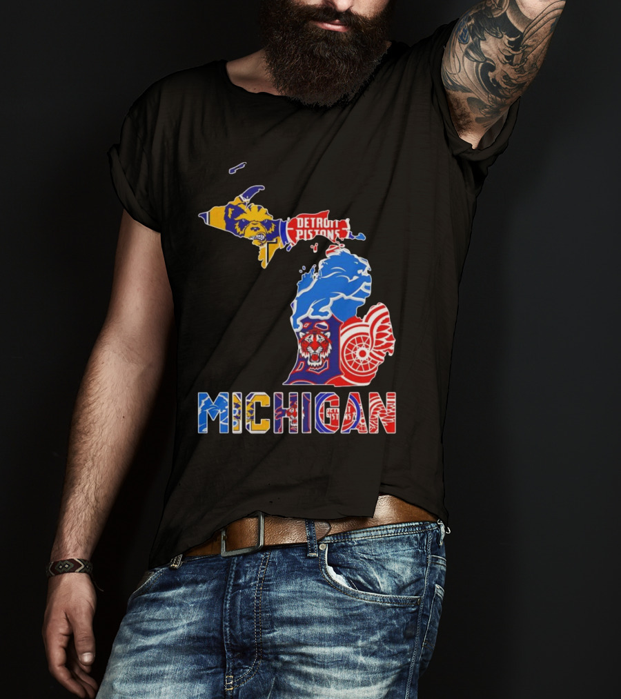 Michigan Sports Teams Logos Map Detroit Pistons Lions Tigers Red Wings T-Shirt