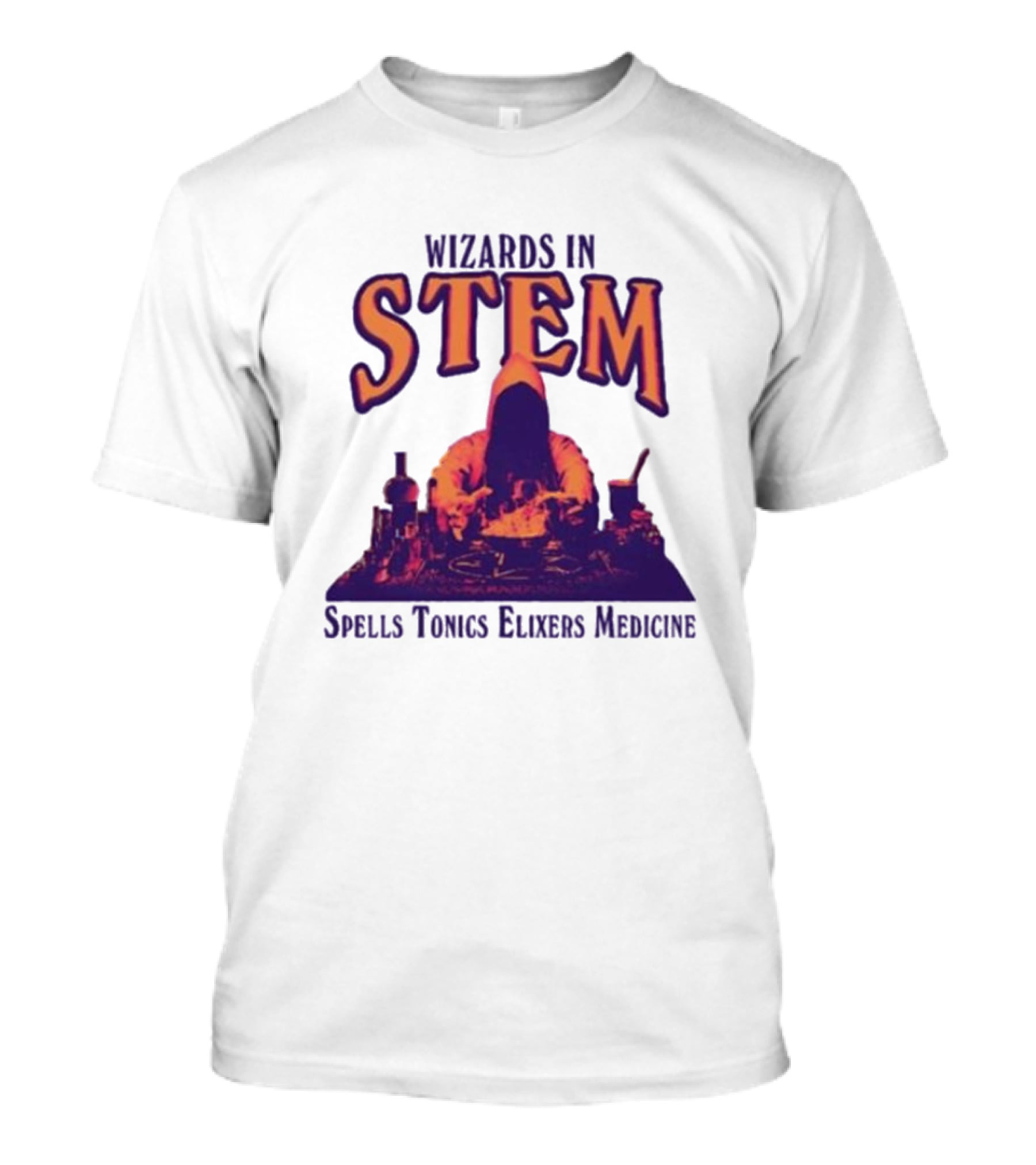 Wizards In STEM Spells Tonics Elixers Medicine Hooded Figure With Potions T-Shirt