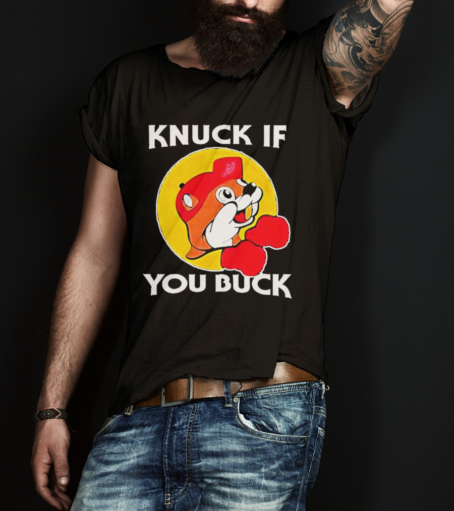 Knuck If You Buck Buc Ees Logo Red Cap Yellow Circle Boxing Gloves T-Shirt