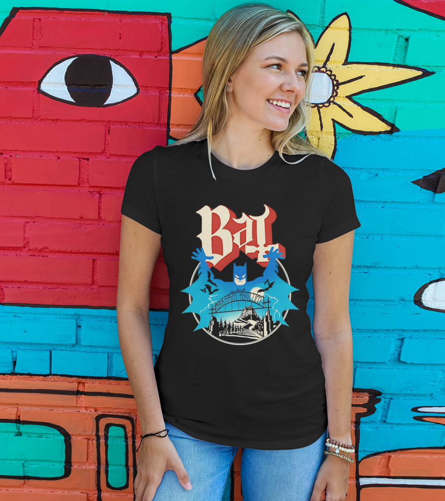 Bat Gotham Asylum Blue Bat Symbol And Red Gothic Font T-Shirt