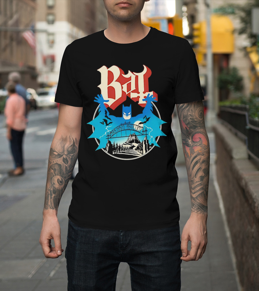 Bat Gotham Asylum Blue Bat Symbol And Red Gothic Font T-Shirt