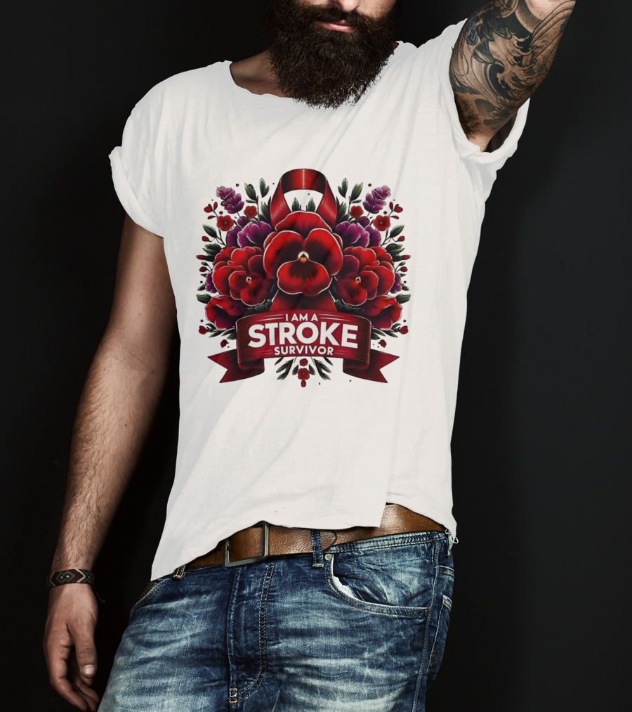 I Am A Stroke Survivor Red Ribbon And Floral Bouquet T-Shirt