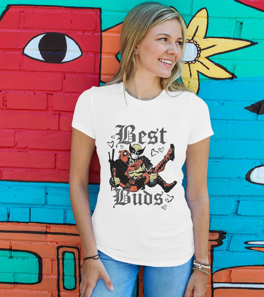 Best Buds Wolverine Carrying Deadpool With Hearts T-Shirt