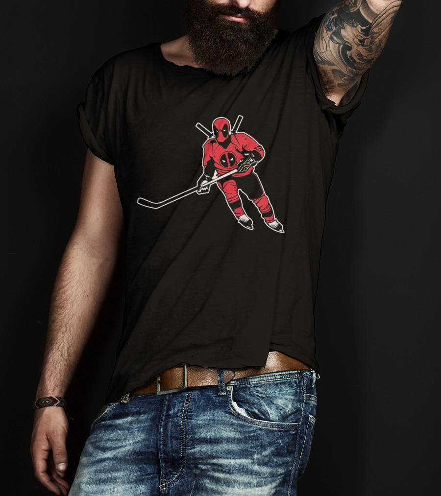 Deadpool Playing Hockey With Iconic Mask And Costume T-Shirt