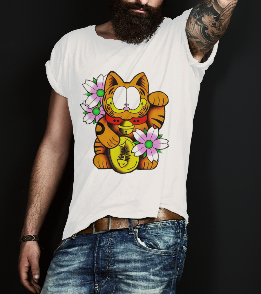 Garfield Maneki Neko With Fish Coin And Flowers T-Shirt