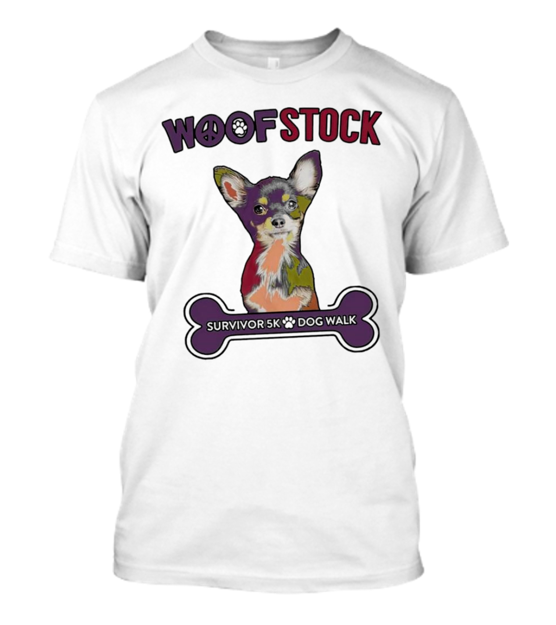 Woof Stock Peace Sign Survivor 5K Dog Walk Colorful Chihuahua Bone T-Shirt