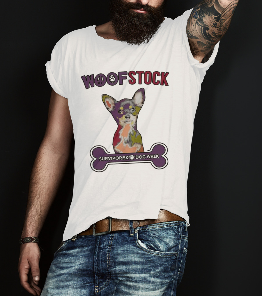 Woof Stock Peace Sign Survivor 5K Dog Walk Colorful Chihuahua Bone T-Shirt