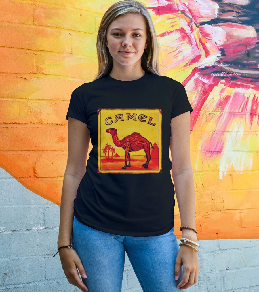 Vintage Camel Cigarettes Logo Yellow Square With Red Camel And Pyramids T-Shirt